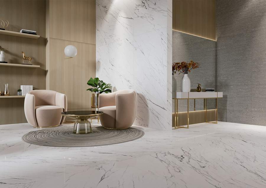 Linha Statuario, da Roca Cer&aacute;mica, com acabamento retificado