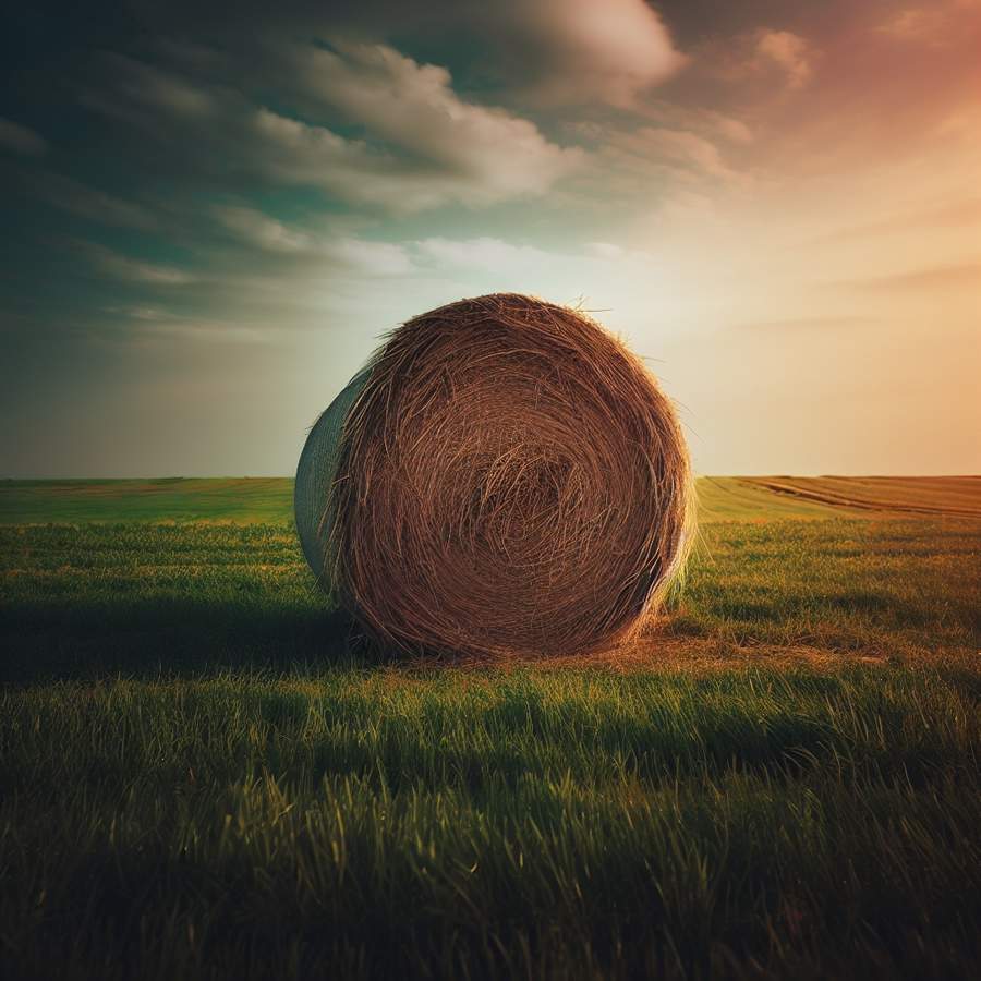 feno-enrolado-sobre-campo-verde-ao-nascer-do-sol