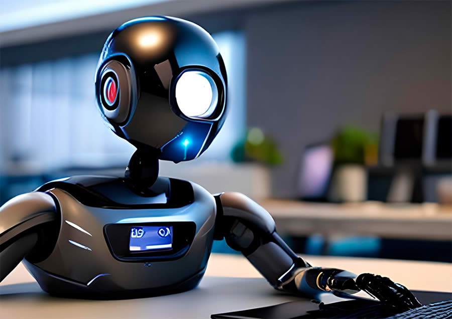 Ilustra&ccedil;&atilde;o de um rob&ocirc; trabalhando em um computador gerada pela IA Blue Willow - Blue Willow