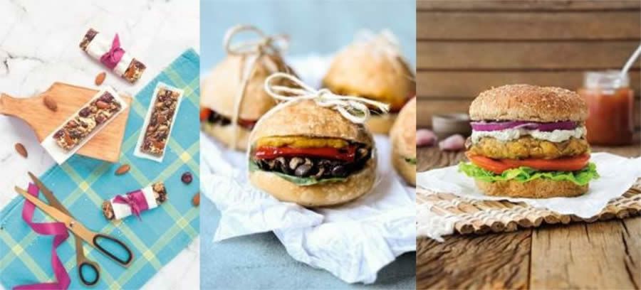 Barras Nutritivas Caseiras; Sanduíche de shimeji, rúcula, pimentão, vermelho grelhado e queijo de abóbora; e Hambúrguer de berinjela.