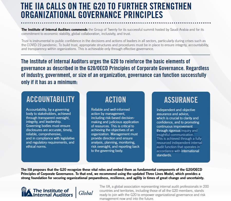 Instituto Global de Auditoria pede ao G20 refor&ccedil;o aos princ&iacute;pios de governan&ccedil;a corporativa