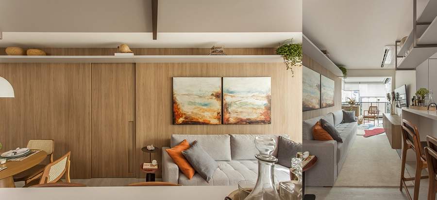 Neste ap&ecirc; de 63 m&sup2;, a planta entregue pela construtora foi preservada pela arquiteta Carina Dal Fabbro, com exce&ccedil;&atilde;o da esquadria entre varanda e sala que saiu de cena para a integra&ccedil;&atilde;o dos espa&ccedil;os. Estrela da ala social, o painel de MDF com acabamento moscata (execu&ccedil;&atilde;o SCA Jardim Europa) tem 5,80 m de extens&atilde;o e vai de uma ponta a outra | Foto: Eduardo Pozella