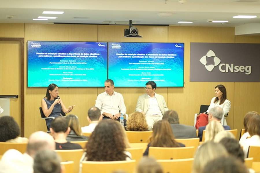  Representantes do ICS, MMA, UFSJ e CNseg durante debate sobre aprimoramento de informações para enfrentamento climático. Divulgação.