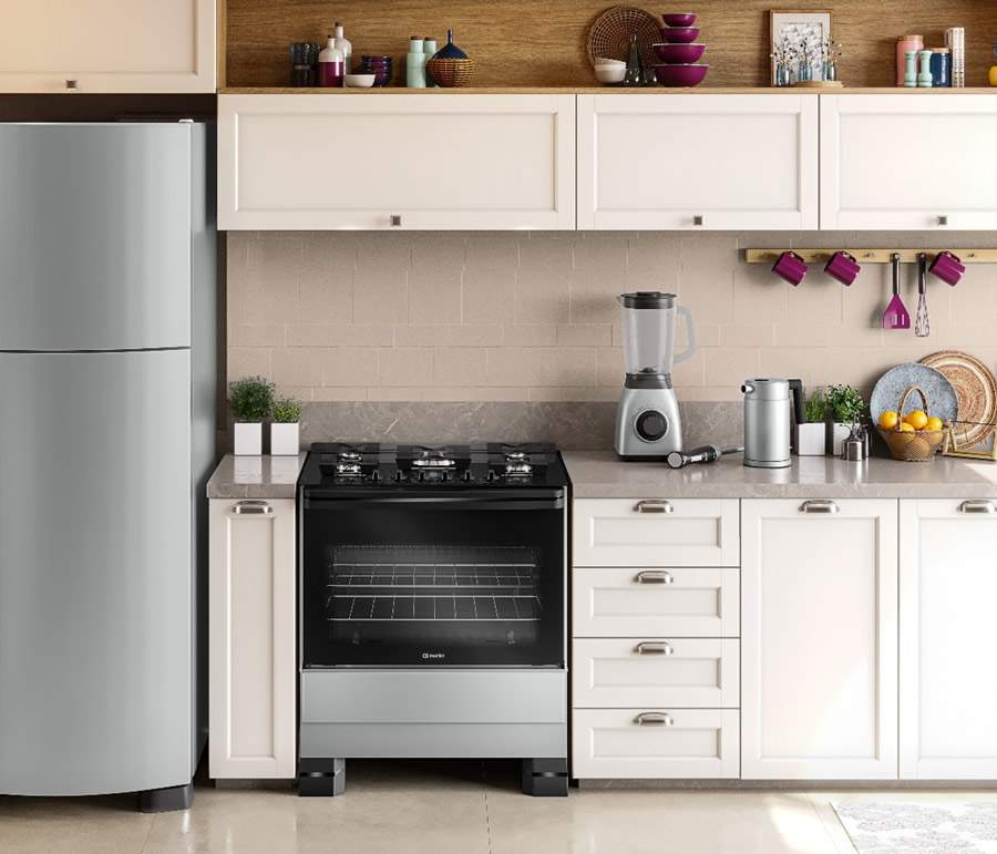 O Fog&atilde;o 5 bocas Mueller MFV5BF na cor Tit&acirc;nio combina eleg&acirc;ncia e efici&ecirc;ncia, transformando sua cozinha com um toque sofisticado. Equipado com o potente queimador Tripla Chama, ele proporciona agilidade no preparo das receitas, garantindo refei&ccedil;&otilde;es prontas mais rapidamente | Foto: Divulga&ccedil;&atilde;o Mueller