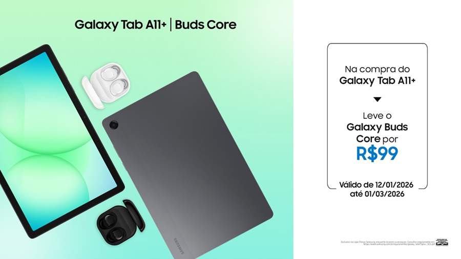 Imagem promocional com fundo azul esverdeado apresenta a frente e a traseira do Galaxy Tab A11+ junto ao Galaxy Buds Core nas vers&otilde;es preta e branca - Cr&eacute;dito: Divulga&ccedil;&atilde;o