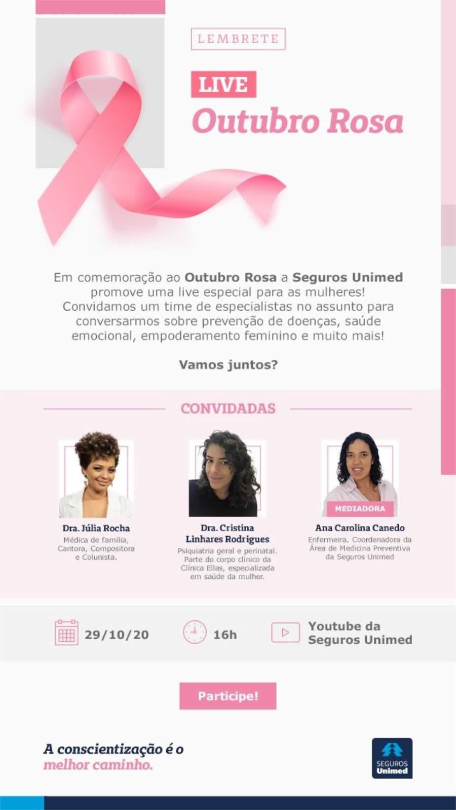 Seguros Unimed convida: Outubro Rosa - Live sobre preven&ccedil;&atilde;o de doen&ccedil;as, sa&uacute;de emocional e muito mais!
