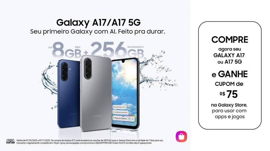 Compre um novo Galaxy A07 ou Galaxy A17 e ganhe um voucher de até R$ 75 para usar na Galaxy Store