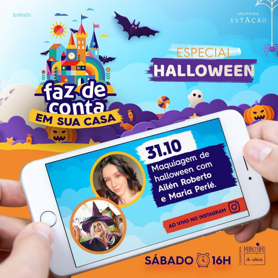 Crianças aprendem a fazer maquiagem de Halloween, na Live do Faz de Conta do Shopping Estação