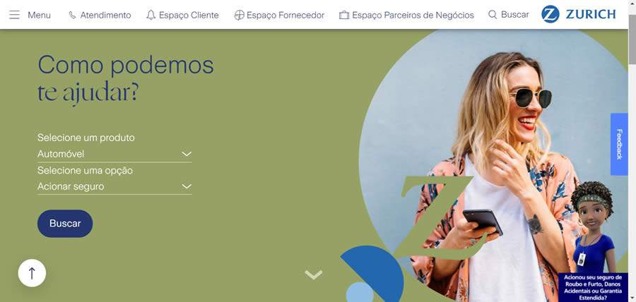 Imagem da homepage da Zurich: mais simples e com foco em servi&ccedil;o