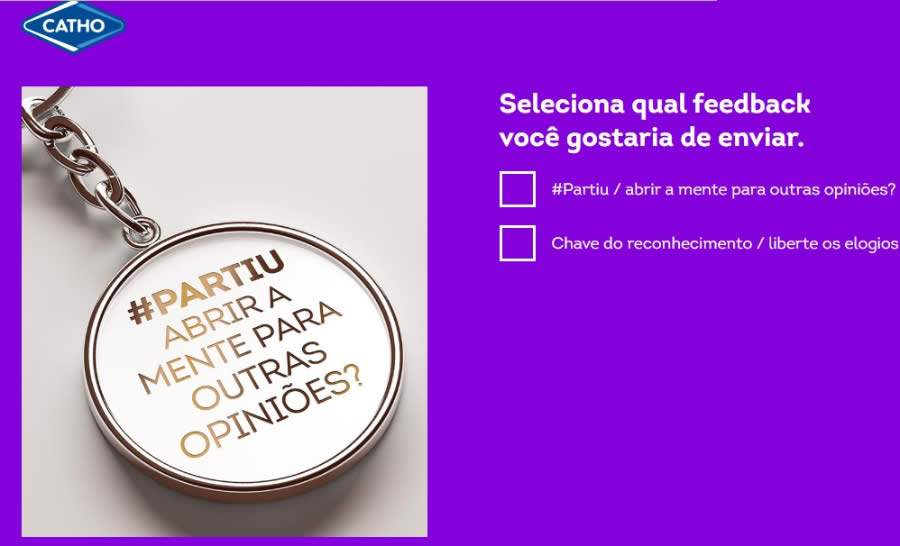 Uma chave capaz de abrir uma melhor experi&ecirc;ncia no trabalho, nada melhor que o chaveiro com as frases "#Partiu / abrir a mente para outras opini&otilde;es?" e "Chave do reconhecimento / liberte os elogios".