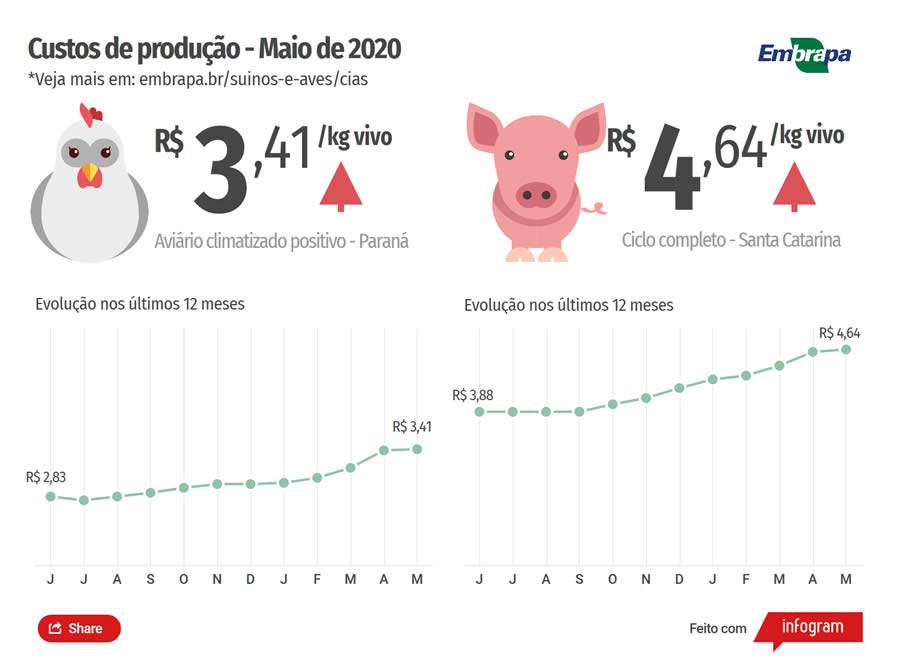 Custos de produção de suínos e de frangos de corte sobem em maio